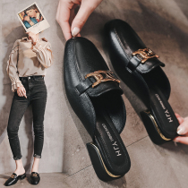 Leather Baotou slippers women wear thick heels outside the 2021 summer new explosion soft peto single shoes half drag womens shoes