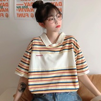 polo lapel shirt short-sleeved contrast stripe t-shirt womens summer clothes loose cotton 2021 new top ins Korean version
