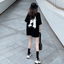 Black short-sleeved t-shirt womens summer 2021 new cotton loose top design sense niche large size ins thin section