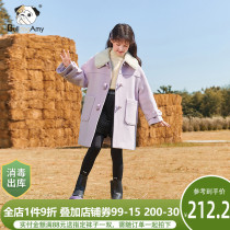 Girl clip cotton wool top coat 2021 winter dress new foreign air big capsized child mid-length jacket in the middle of a child