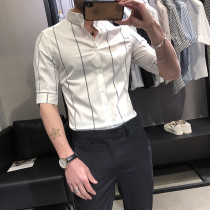 Striped mens shirt summer thin trendy fashion all-match shirt mens casual three-point sleeve slim youth top