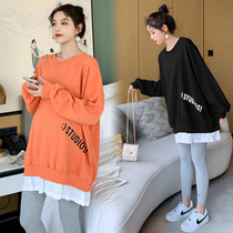 Plus Fat Increase Code 200 Catty Pregnant Womens Autumn Clothing Suit Spring Autumn Sweatshirt Loose Fake two T-shirt blouses with dress damp