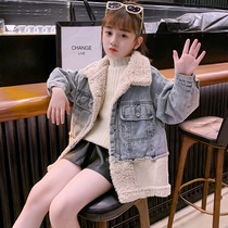 Girl coat plus velvet thick winter clothes 2021 new foreign children denim coat big boy girl Net red clothes