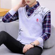 Autumn and winter fake two sweater mens trend plus velvet thick knitted base shirt lead autumn warm line clothes