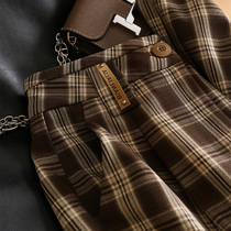 Autumn and winter loose straight casual Harlan wide leg pants plus velvet thickened fried street curry colored plaid pipe suit pants children