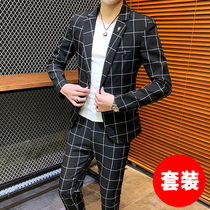 Korean slim plaid suit suit suit mens trend handsome small suit jacket mens youth casual suit