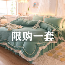 Net red double lotus leaf lace four-piece bed skirt Princess wind cotton cotton cotton nude sleep non-slip bed cover fresh girl