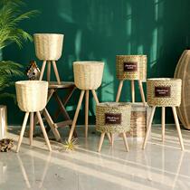 Nordic style creative rattan Straw flower basket wooden high flower stand floor-standing indoor living room decoration green flower pot