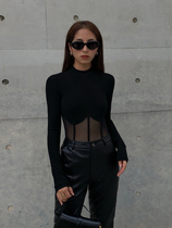 HUYIFAN black semi-turtleneck knitted mesh yarn base shirt female design sense niche slim long sleeve top