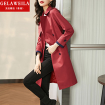 Medium length style coat jacket woman spring clothing red fashion 2022 new body slim Han version lace with double row of buckle damp