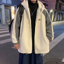 Plus velvet thick coat mens autumn and winter trend Korean version of high school students fat big size handsome hooded lamb wool cotton coat