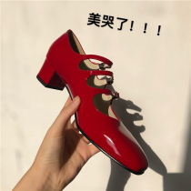 Spot) Toxic Home Top Plate Carel Mary Rare Shoes Classic Style Retro Three Buttons Lacquered Leather Coarse Heel And Single Shoe