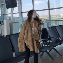 Sweater Womens Autumn Winter 2021 New retro Lazy Wind outside wearing medium Long style Twist Sleeves Hooded Cardiovert Jersey Woman