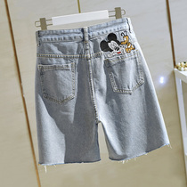 South Koreas new straight drum pants Chains 50% riding pants Mickey Embroidery Denim Shorts Women High Waist Summer Loose