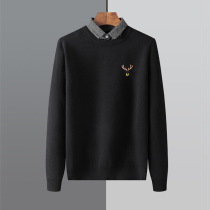 2021 autumn and winter knitted shirt mens shirt collar base coat embroidery fake two sweater mens Tide brand plus velvet thread