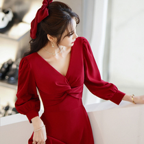 Long sleeve toast bride 2021 new winter wedding engagement evening dress dress female temperament wine red host