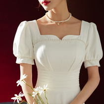 White small evening dress dress usually wear birthday party light dress French dress satin engagement license