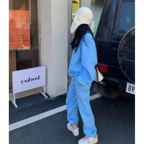 2021 autumn and winter New plus velvet thick milk blue sweater set loose bf lazy leisure sports two-piece female