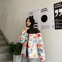 2021 new down jacket female graffiti stitching wild thickened couple white duck down Edison Chen with the tide ins