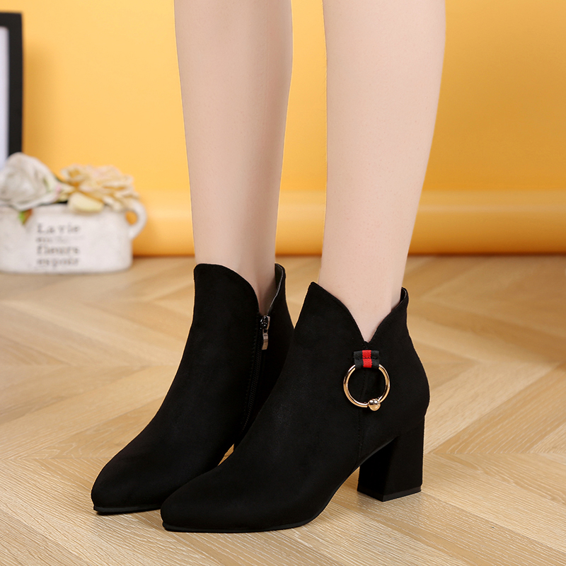 Spring and Autumn Female Boots British Fashion Suede Shoes Round High-heeled Shoes Rough-heeled and Anti-skid Martin Boots Female Shoes