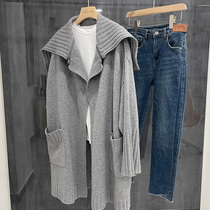 Sabani thick needle warm 100% cashmere dual-purpose zip hooded square collar mid-length knitted jacket