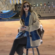Autumn and winter 2021 new denim stitching sweater coat female thick lazy wind fake two long sleeve cardigan top
