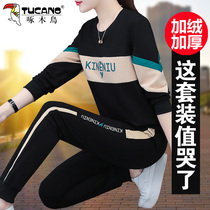 Woodpecker cotton sportswear suit women autumn and winter plus velvet thickened fashion stitching casual sweater two-piece tide