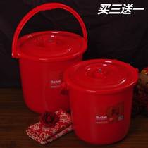 Moving red rice bucket round with lid Food grade plastic large capacity large 40 kg thickened household rice tank