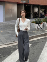 2021 Spring and Autumn New loose thin wide leg suit pants womens high waist straight tube drop feel mopping casual trousers