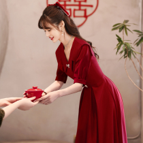 2022 new toast bridal wine red color Summer wedding engagement dress Back to door Normally you can wear V-collar lady