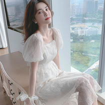 MOCO CLOUDS lace dress womens short-sleeved new French bubble sleeve temperament goddess fan FAIRY skirt