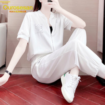 OUROSESAN 2021 SUMMER new sports suit WOMEN CASUAL WHITE CARDIGAN SHORT-SLEEVED TROUSERS TWO-piece set WOMEN