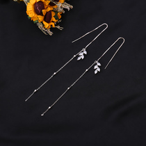 s925 pure silver inlaid drill tree leaf ear line female Korean temperament ultra-fairy-long flow su-earrings small frescoed face