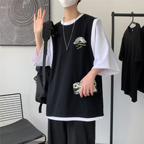 Fake two-piece short-sleeved t-shirt mens simple and wild literary t-shirt summer tide brand pure cotton port wind ins trend loose