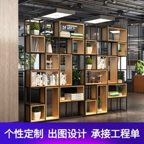 Wrought iron partition shelf Industrial wind decoration Living room Dining room Solid wood lattice frame Net red office bookshelf landing