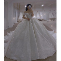 One-character shoulder light wedding dress 2021 new large size main yarn bride tailing thick arm advanced sense Starry Sky Princess style