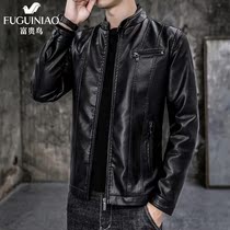 Rich bird leather jacket mens stand neck jacket spring and winter New slim Korean version handsome Tide plus velvet thickened jacket