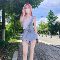 Denim bib shorts womens short summer 2021 new item flash loose a word wide leg hot pants shorts ins tide