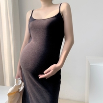  Pregnant womens sundress 2021 early autumn new fashion side split slim hip skirt tide mother temperament bottoming dress