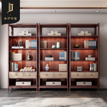 Imperii Impression New Chinese Walnuts Wood Double Door Bookcase Mirror Display Cabinet Light Lavish Locker Book House Combination