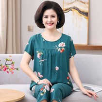 Middle-aged and elderly cotton silk suit Elderly cotton-padded home clothes mother pajamas summer womens short-sleeved artificial cotton two-piece suit