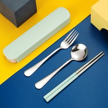 Portable tableware stainless steel chopsticks spoon set three-piece stainless steel fork single student cute storage box