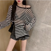 Summer new sexy split round neck long sleeve ice silk knitted sunscreen shirt fashion wild loose thin top women