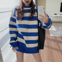 Autumn and winter New Korean version of foreign style Joker loose slim striped sweater female ins Super fire long sleeve top