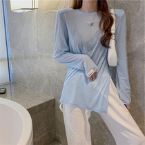 2021 summer new design sense niche split sunscreen blouse womens ice silk long-sleeved T-shirt shoulder pad thin top
