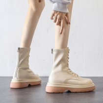 Do the focus of the crowd ~ new white soft cowhide thick-soled Martin XUE female spring and autumn thin leg boots fried Street