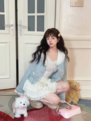taobao agent Limo Bobon21 Age full -time girl naval girly naval miu is lace water washing denim short jacket C2279