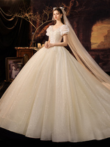  Main wedding dress 2021 new temperament one-shoulder French summer bride trailing small heavy industry luxury court style