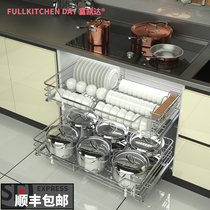 Pull basket 304 stainless steel kitchen cabinet double buffer drawer Door type dishes drain kitchen cabinet shelf storage