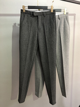 Winter thick woolen trousers men's stretch business casual pants vertical warm anti-wrinkle slim small feet west pants